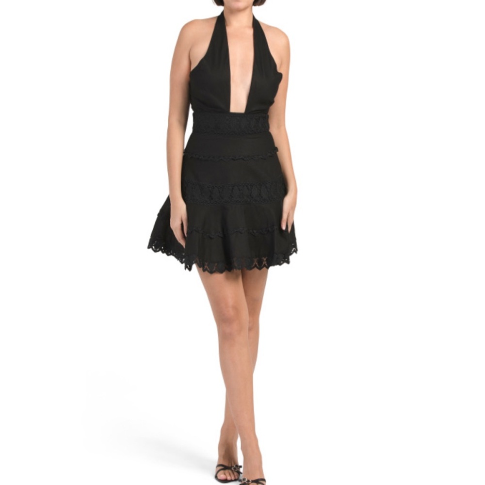 Black halter neck lace trim mini dress